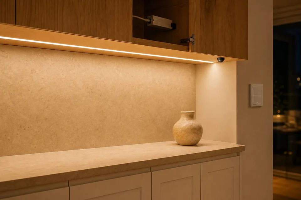 Illustration: under-cabinet LED strip in a kitchen