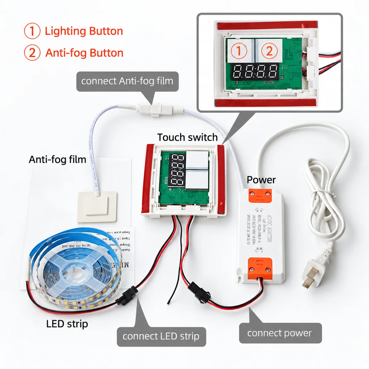JL-TS-2KEY-UP-03(04) Mirror Touch Switch, Time & Temp, 12V 60W - photo 4