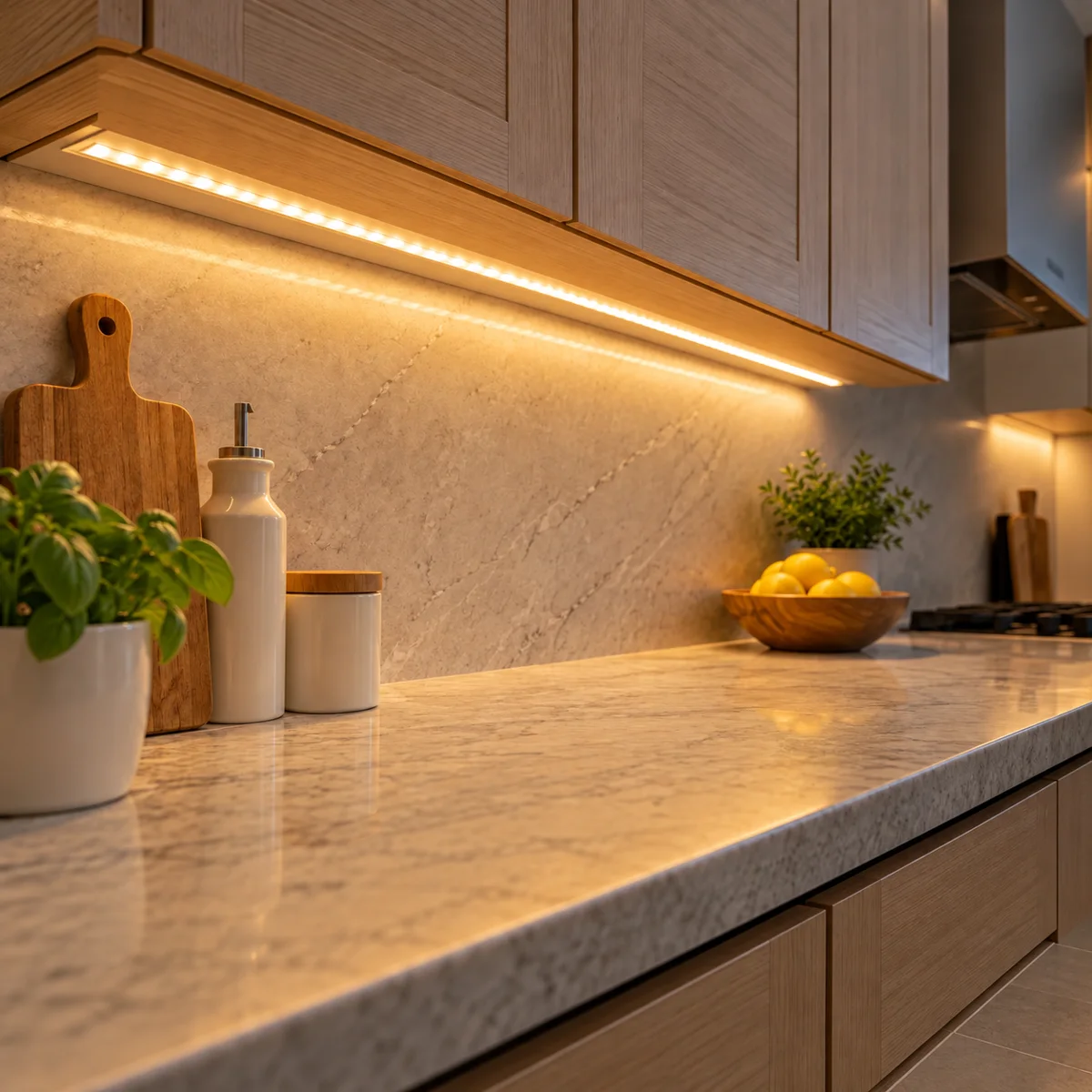2700K Warm White LED Strip, 12V 8 mm, 1000 lm/m - in use (illustration)