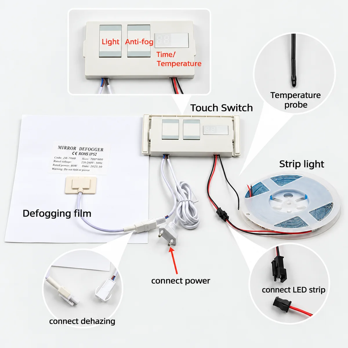 TSP-003D Mirror Switch with Time & Temperature Display, 12V - photo 2