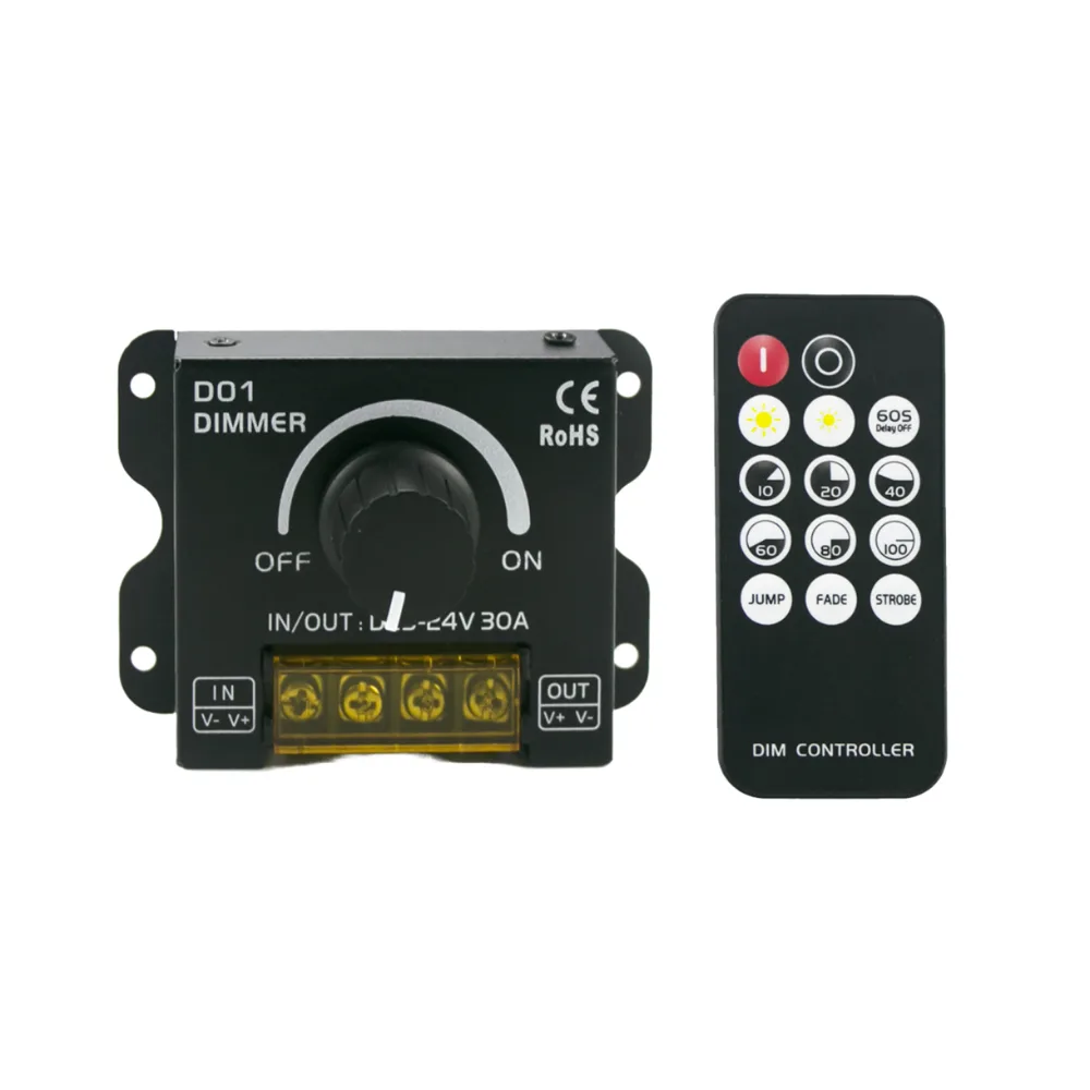 30A Knob LED Strip Dimmer with RF Remote, 5-24V 400W