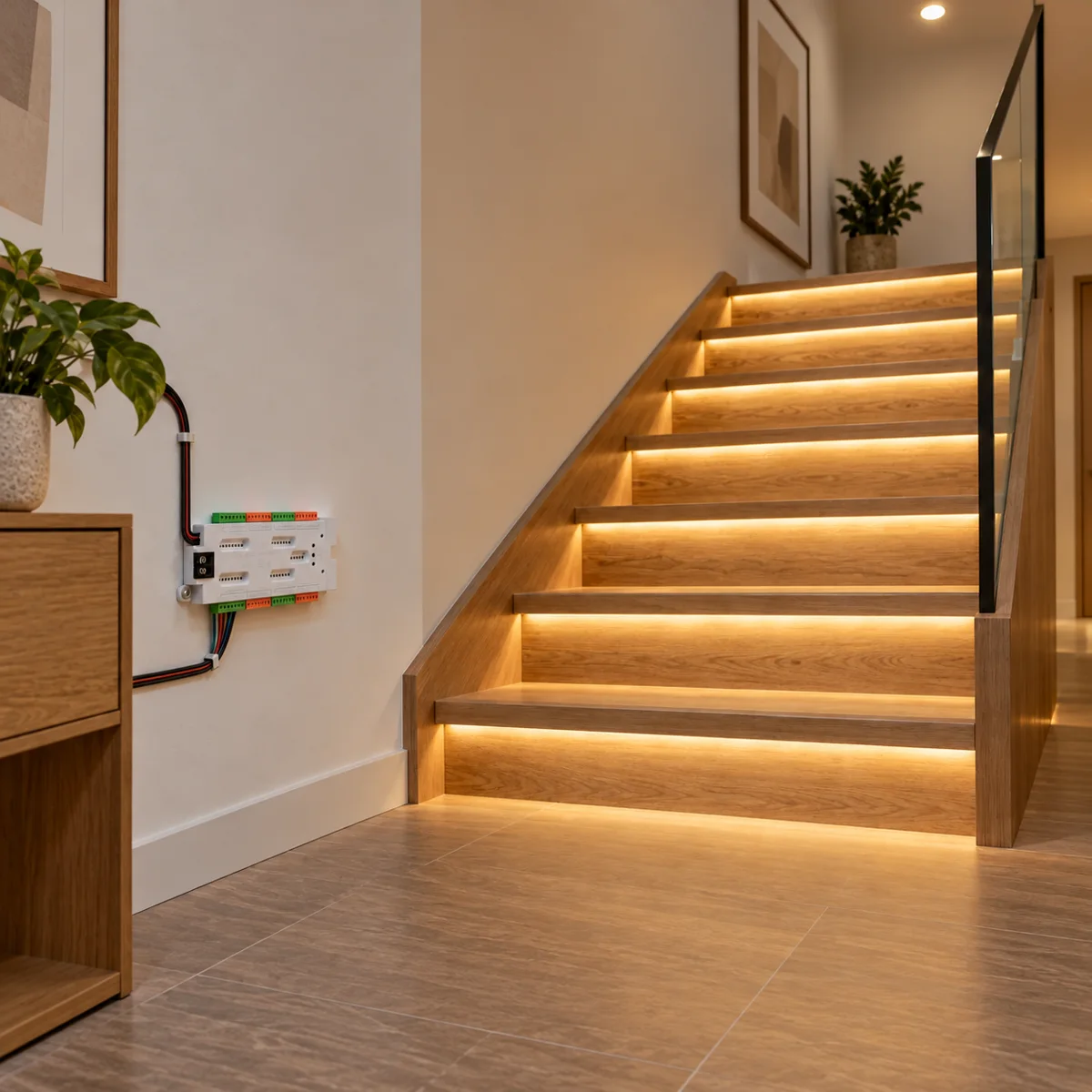 V2-STEP-1002 32-Step Stair Light Controller with Remote, 500W - in use (illustration)