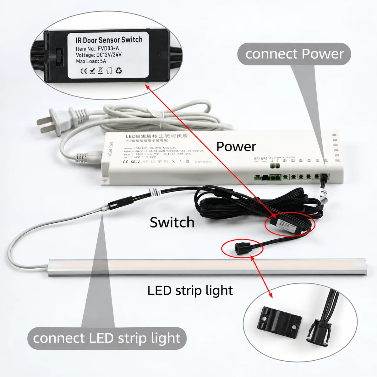 FVD03-A IR Door Sensor Dimmer Switch, 12/24V 5A, Black - photo 3