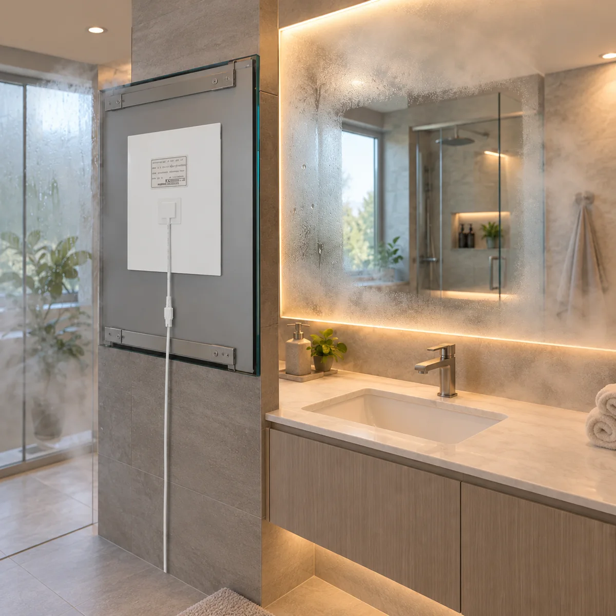 TSP-Defogger Pad Custom-Size Mirror Heating Film - in use (illustration)