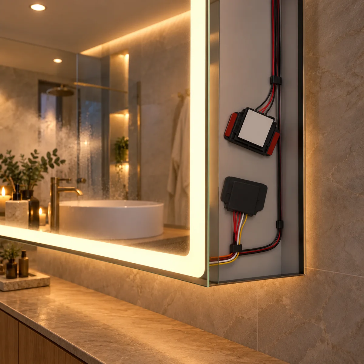 TD102D 3-Colour Mirror Touch Dimmer, 12V 36W IP22 - in use (illustration)