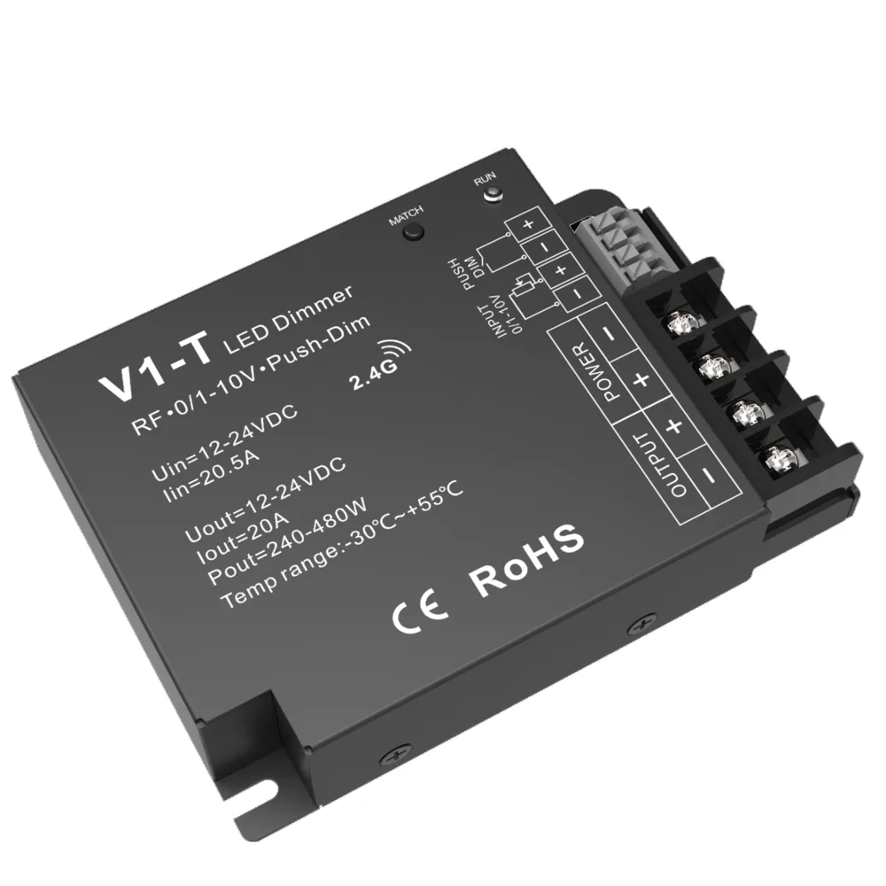 V1-T Single-Colour LED Dimmer, RF, Push-Dim & 0/1-10V, 20A