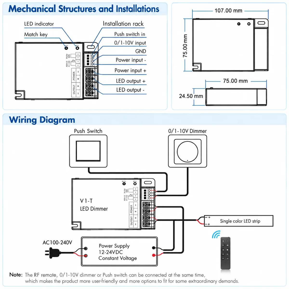 V1-T Single-Colour LED Dimmer, RF, Push-Dim & 0/1-10V, 20A - photo 2