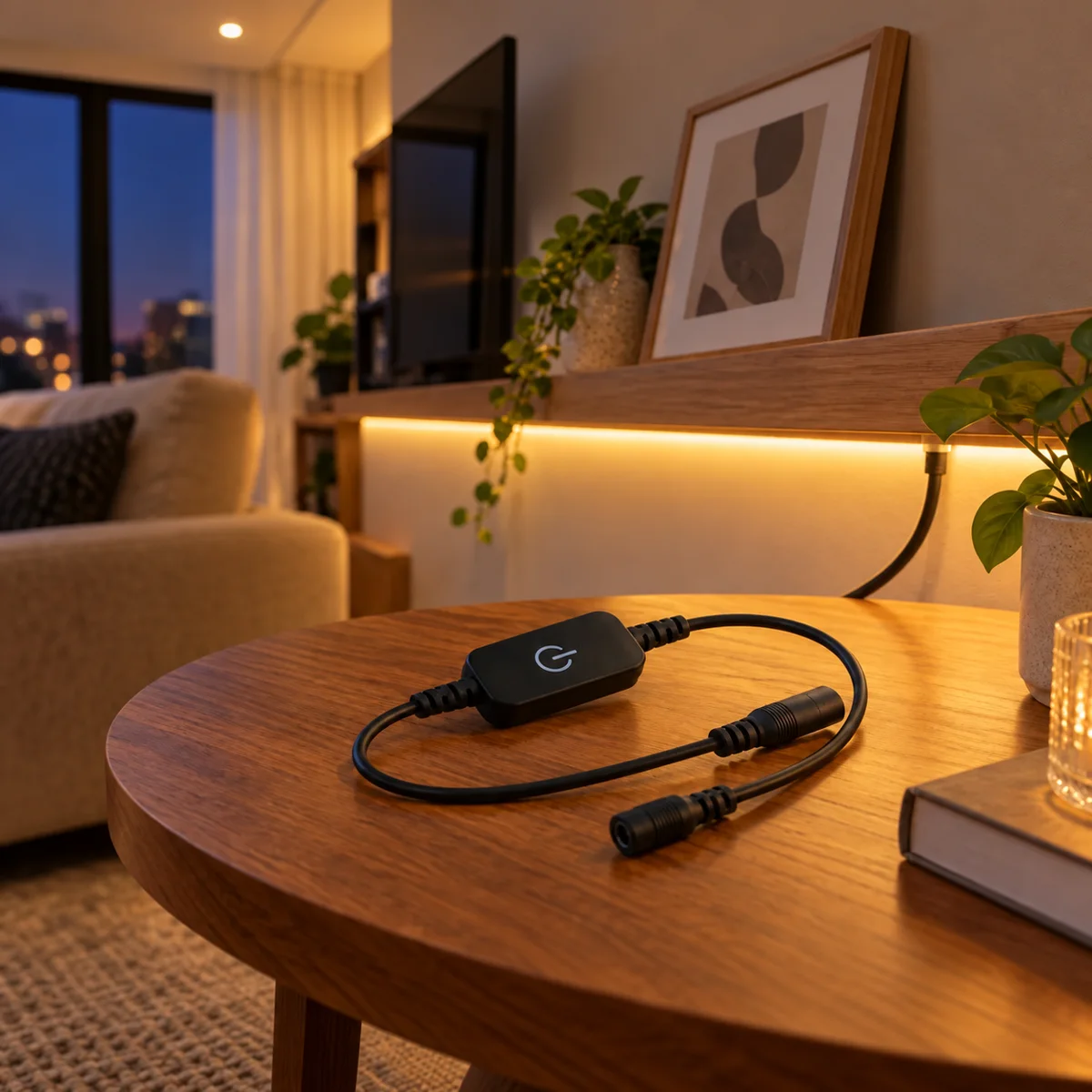 Mini Single-Colour LED Strip Dimmer with Remote, DC12V - in use (illustration)