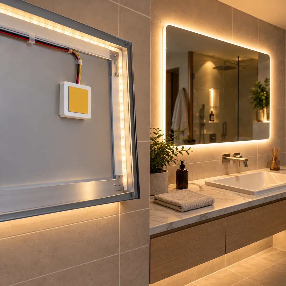 TD100D 3-Colour Mirror Touch Dimmer, 12/24V 5A 60W - in use (illustration)